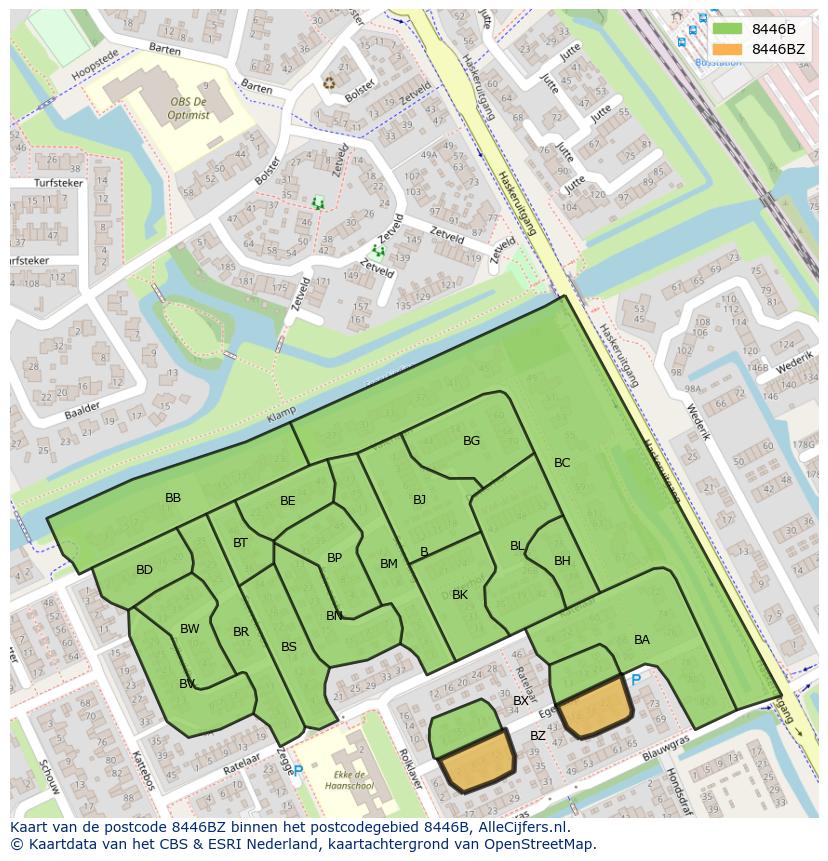 Afbeelding van het postcodegebied 8446 BZ op de kaart.
