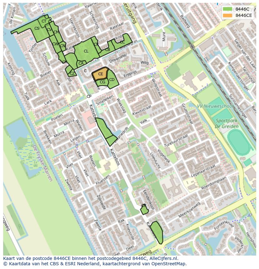 Afbeelding van het postcodegebied 8446 CE op de kaart.