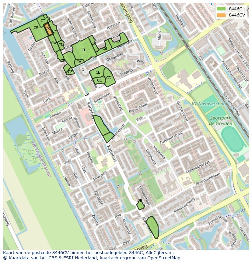 Afbeelding van het postcodegebied 8446 CV op de kaart.