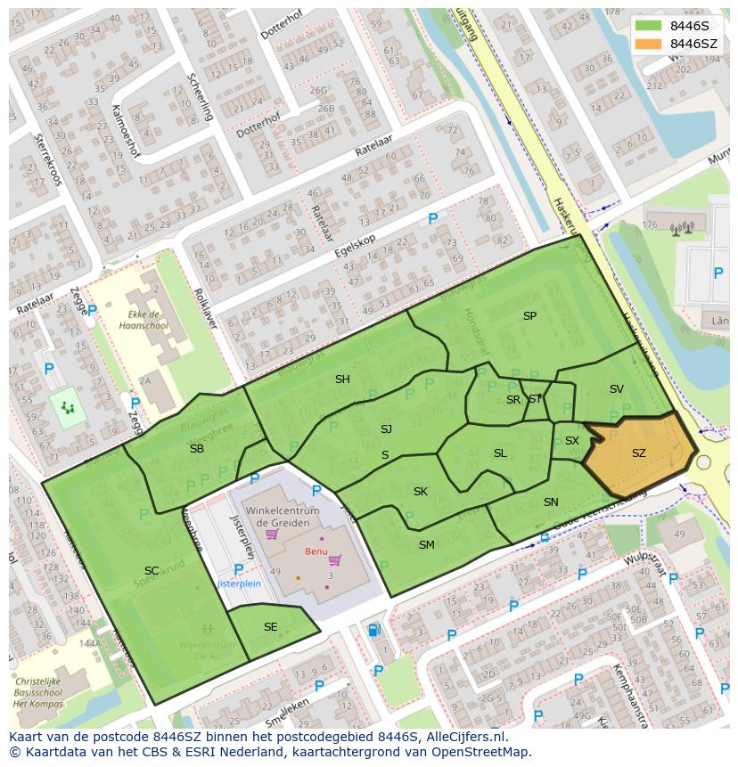 Afbeelding van het postcodegebied 8446 SZ op de kaart.