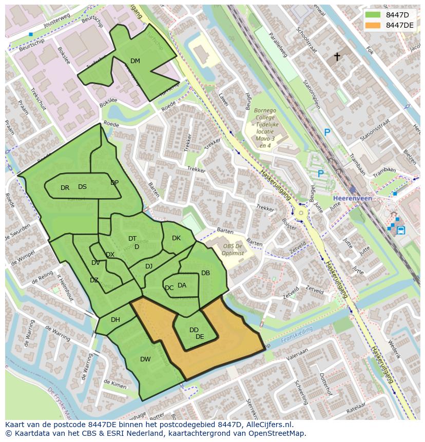 Afbeelding van het postcodegebied 8447 DE op de kaart.