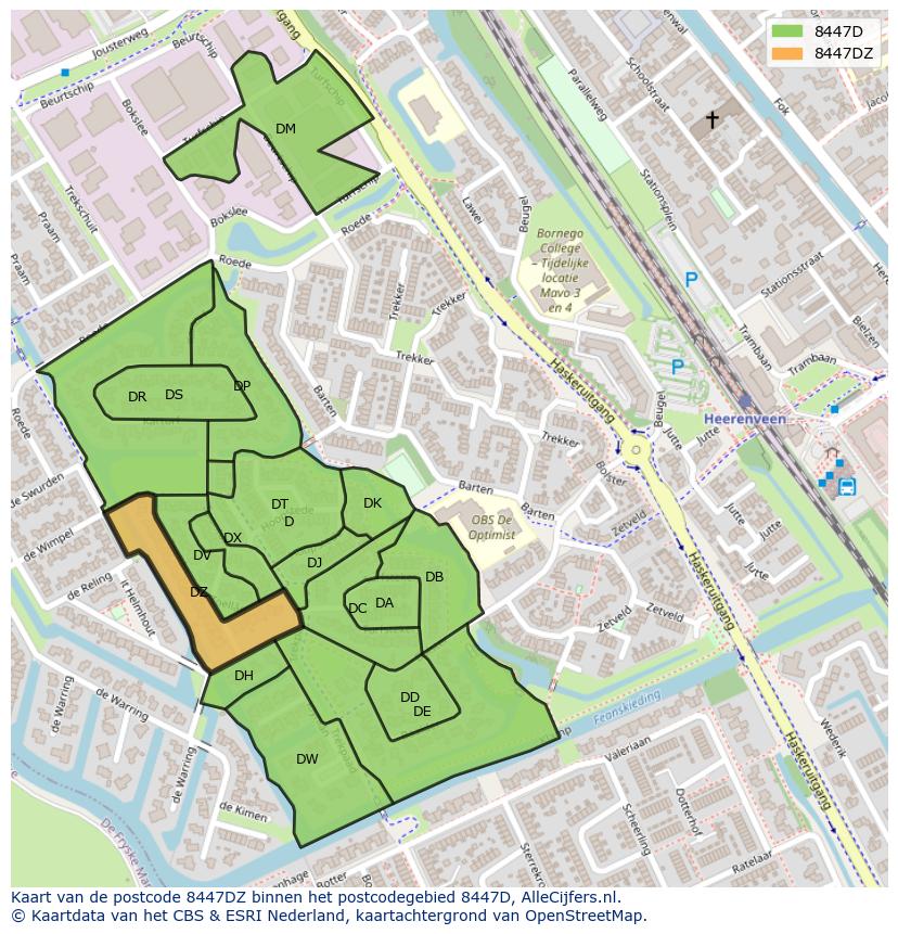 Afbeelding van het postcodegebied 8447 DZ op de kaart.