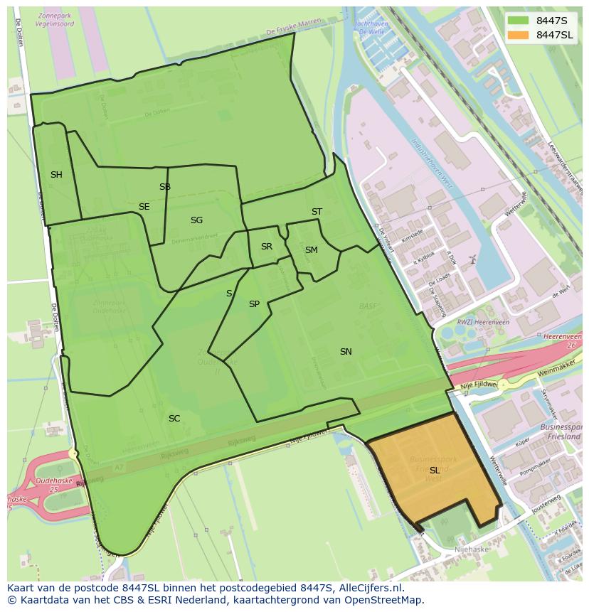 Afbeelding van het postcodegebied 8447 SL op de kaart.