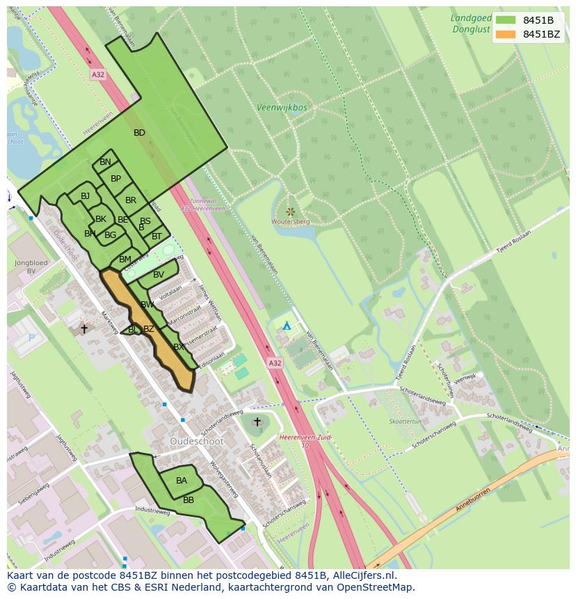 Afbeelding van het postcodegebied 8451 BZ op de kaart.