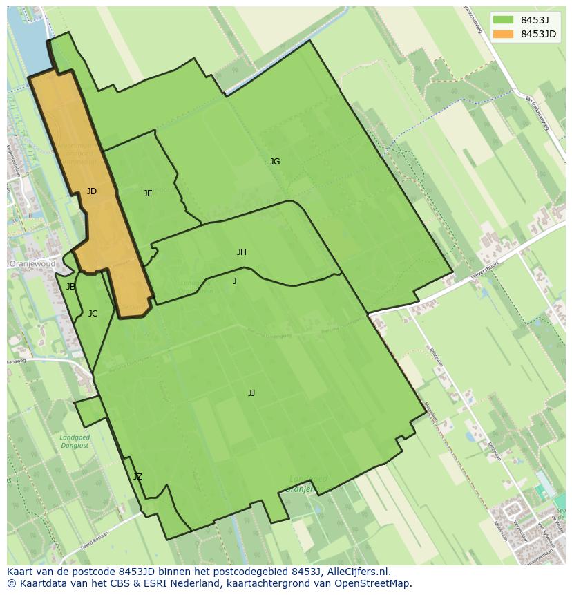 Afbeelding van het postcodegebied 8453 JD op de kaart.