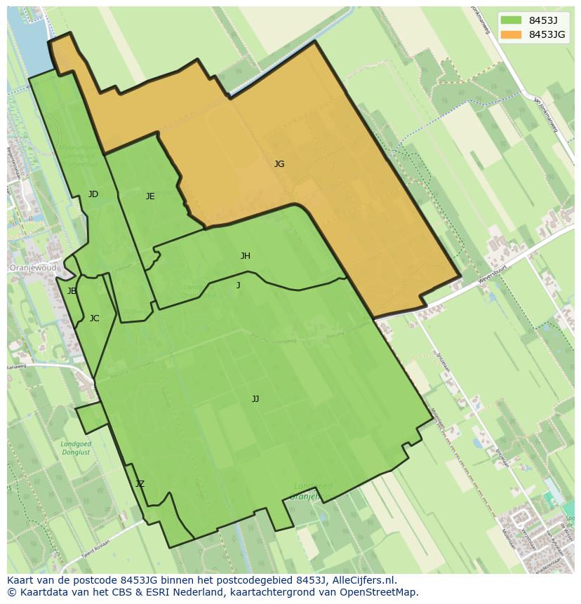 Afbeelding van het postcodegebied 8453 JG op de kaart.