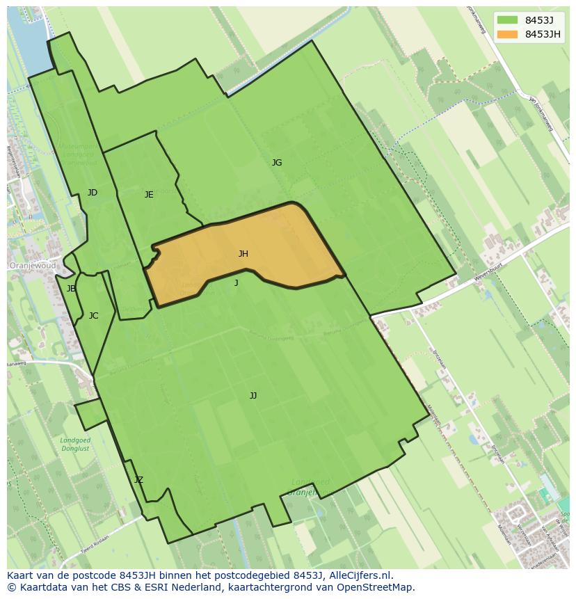 Afbeelding van het postcodegebied 8453 JH op de kaart.