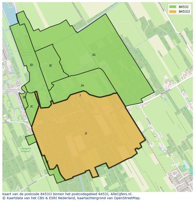 Afbeelding van het postcodegebied 8453 JJ op de kaart.
