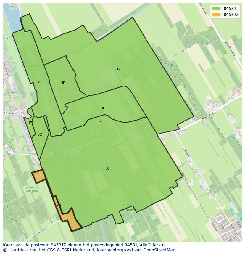 Afbeelding van het postcodegebied 8453 JZ op de kaart.
