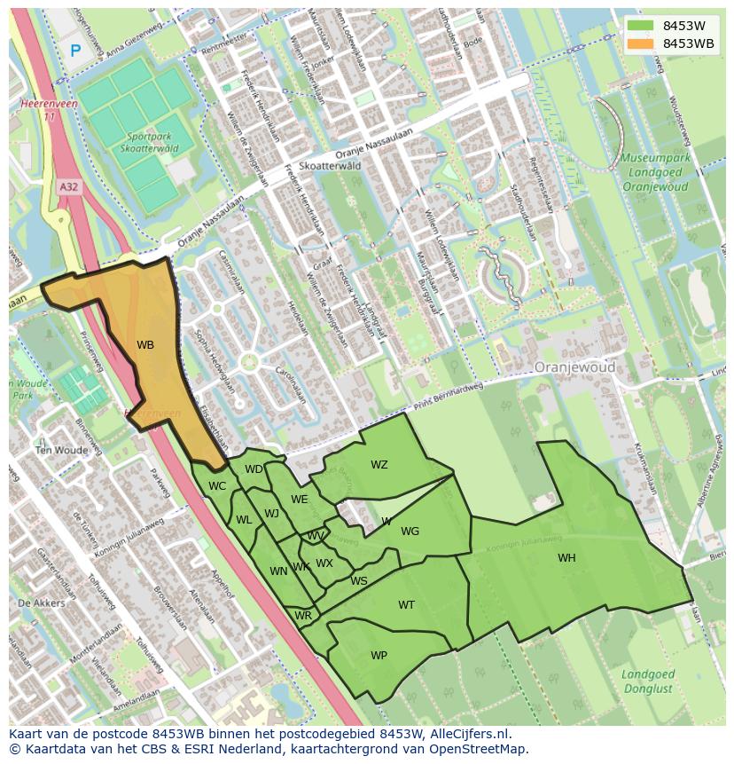 Afbeelding van het postcodegebied 8453 WB op de kaart.