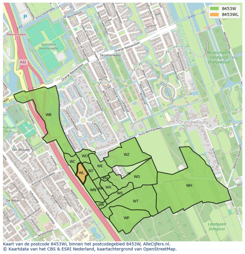 Afbeelding van het postcodegebied 8453 WL op de kaart.