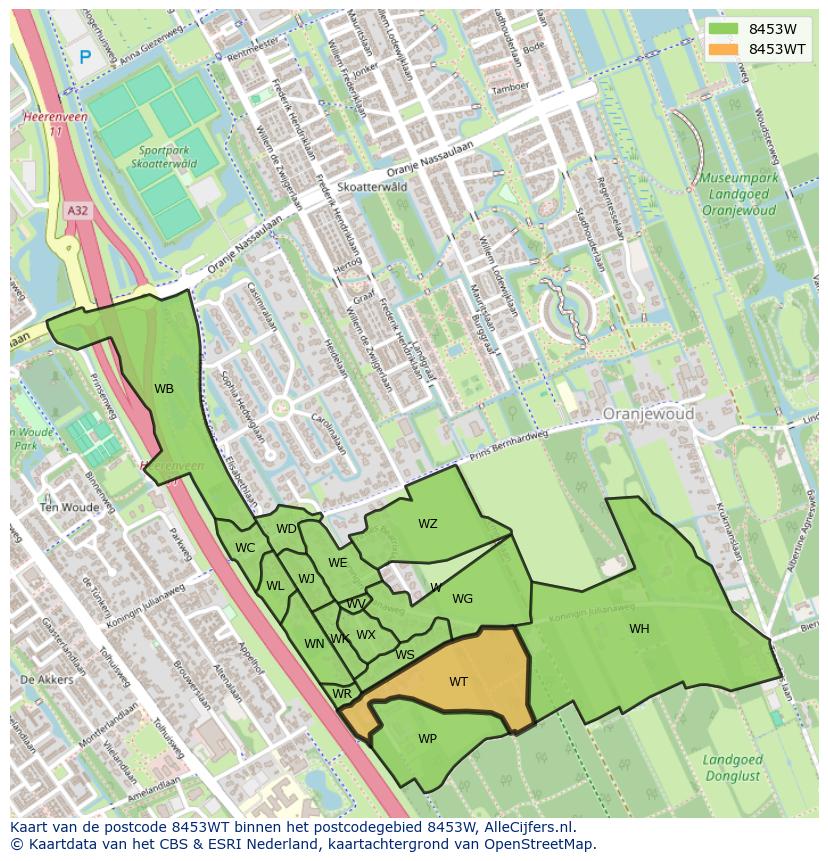 Afbeelding van het postcodegebied 8453 WT op de kaart.