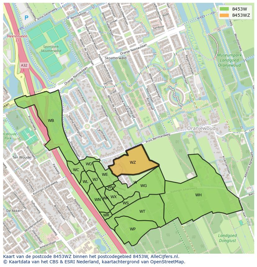 Afbeelding van het postcodegebied 8453 WZ op de kaart.
