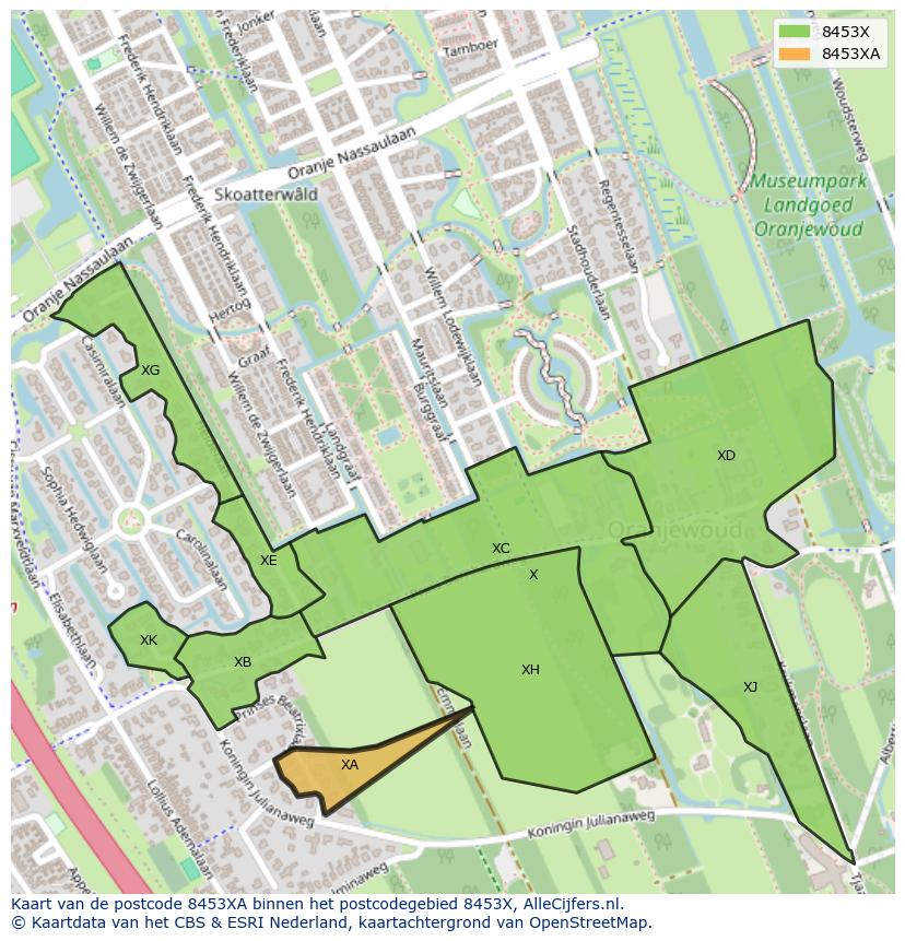 Afbeelding van het postcodegebied 8453 XA op de kaart.