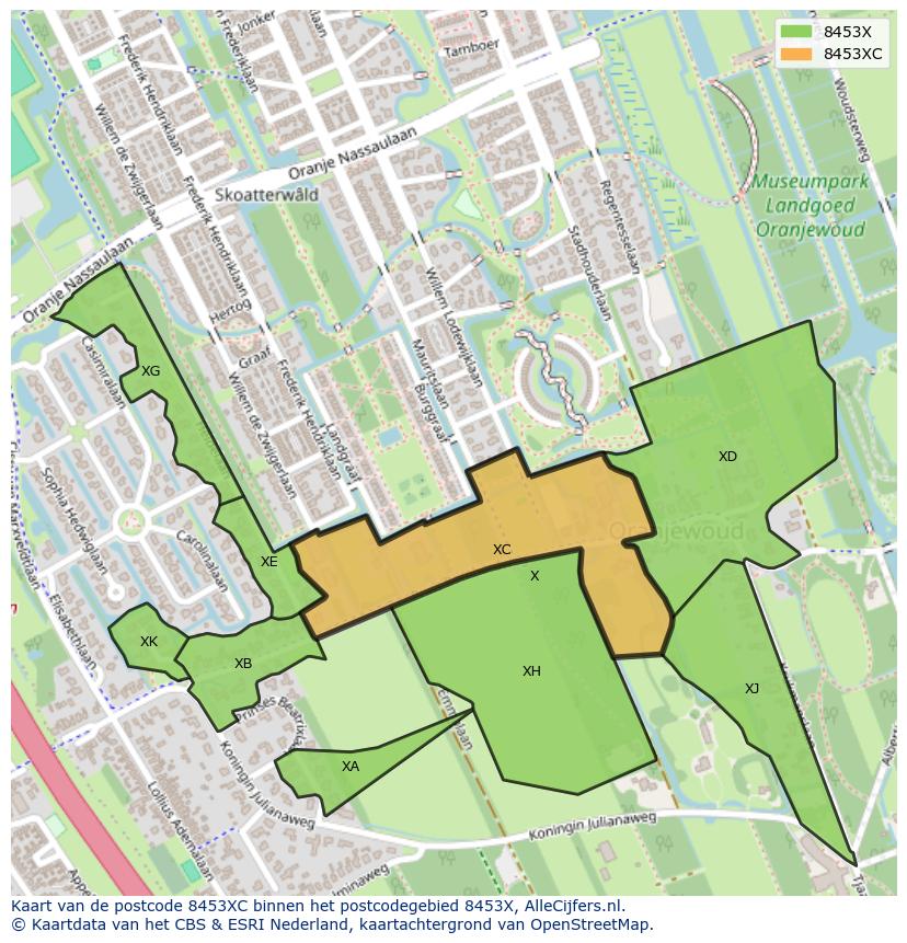 Afbeelding van het postcodegebied 8453 XC op de kaart.