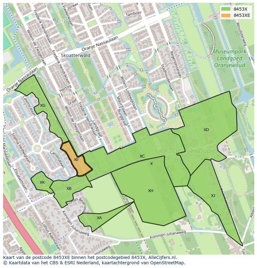 Afbeelding van het postcodegebied 8453 XE op de kaart.