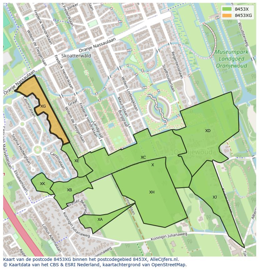 Afbeelding van het postcodegebied 8453 XG op de kaart.