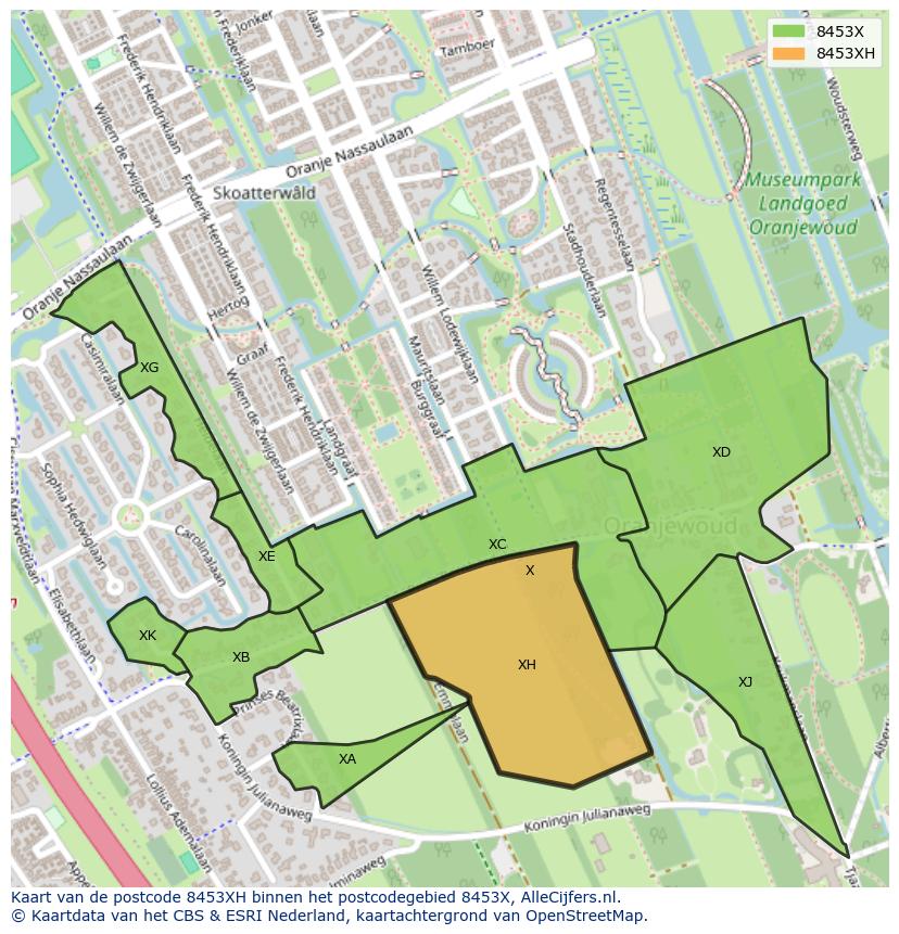 Afbeelding van het postcodegebied 8453 XH op de kaart.