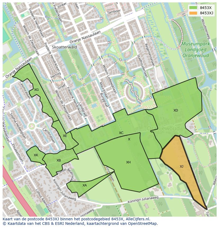 Afbeelding van het postcodegebied 8453 XJ op de kaart.
