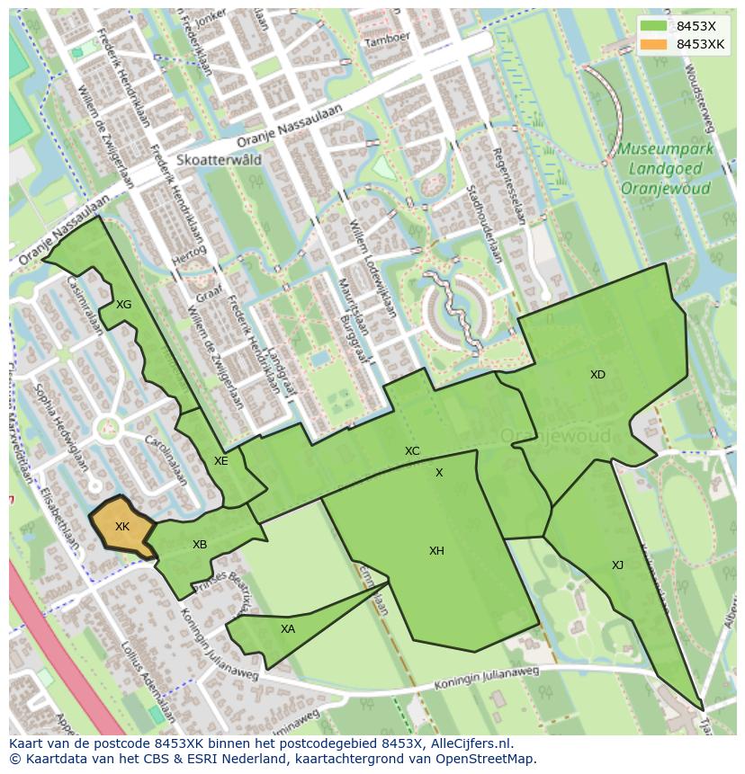 Afbeelding van het postcodegebied 8453 XK op de kaart.