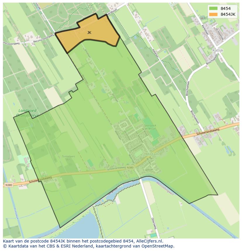 Afbeelding van het postcodegebied 8454 JK op de kaart.