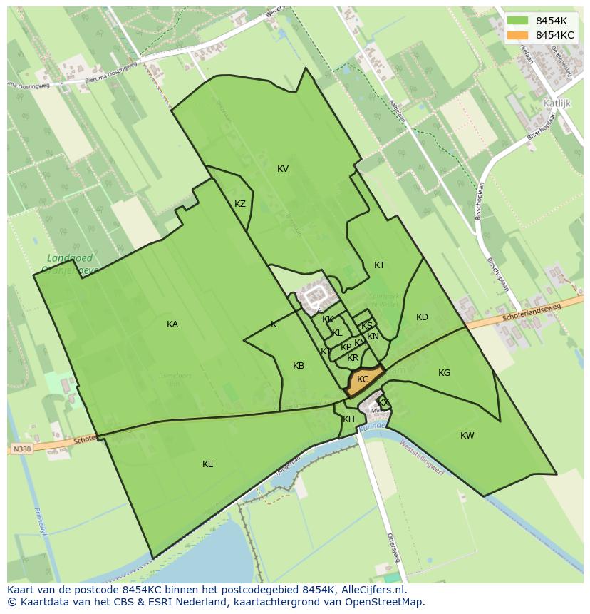 Afbeelding van het postcodegebied 8454 KC op de kaart.
