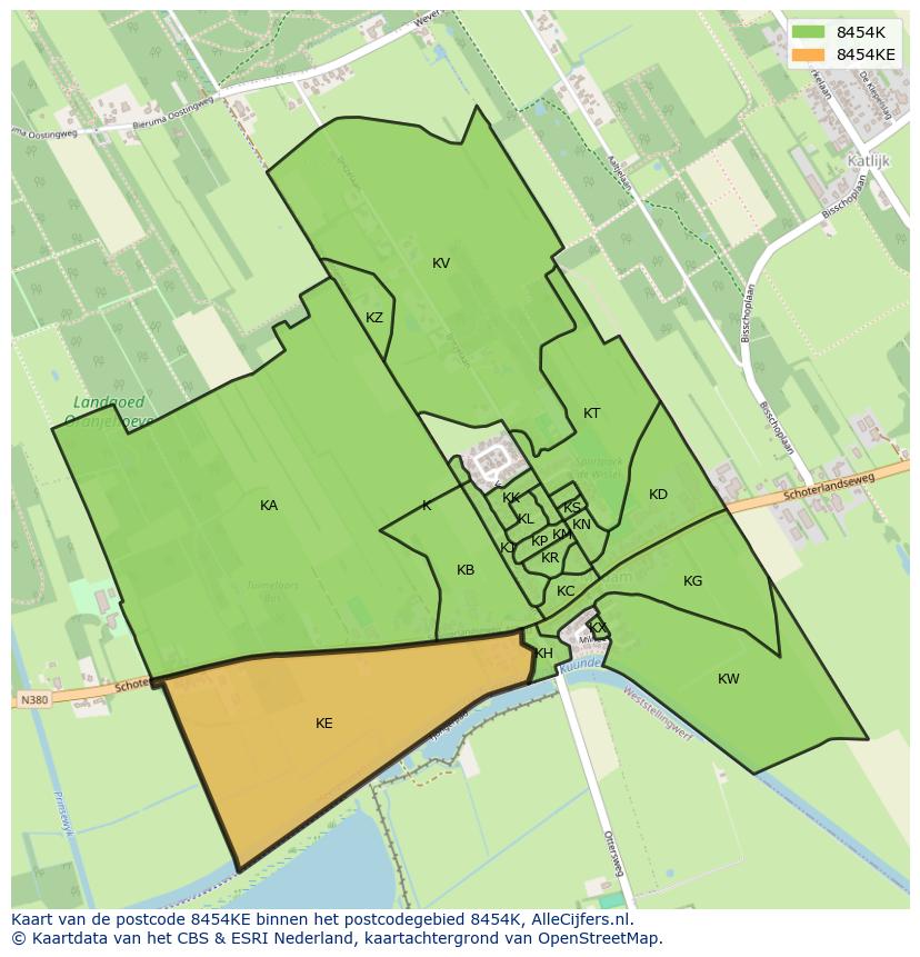 Afbeelding van het postcodegebied 8454 KE op de kaart.