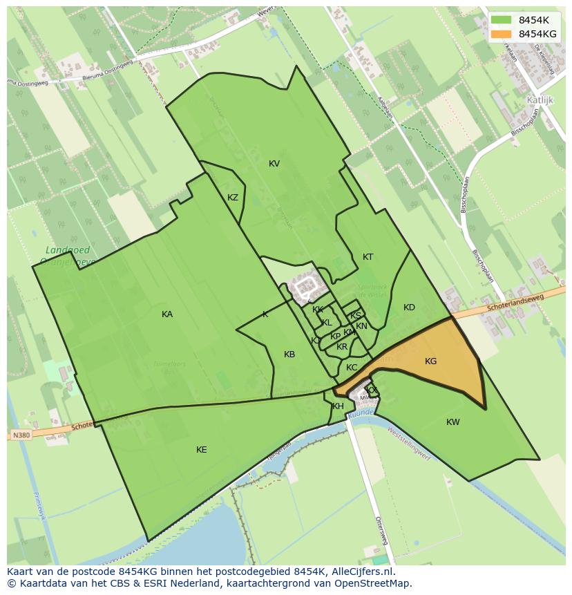 Afbeelding van het postcodegebied 8454 KG op de kaart.