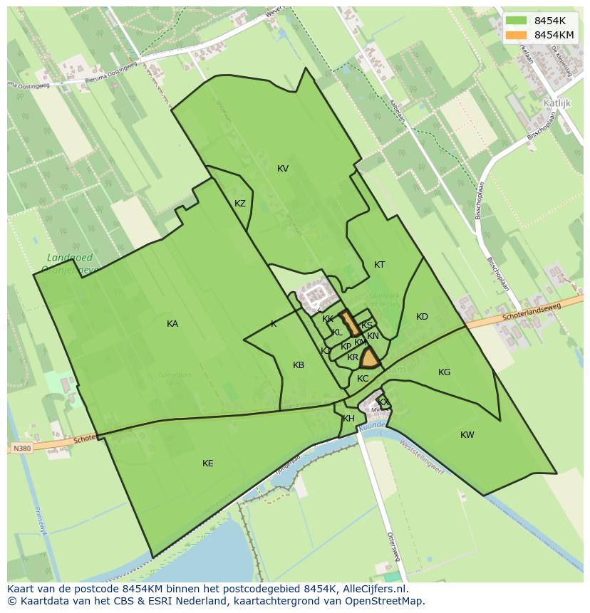 Afbeelding van het postcodegebied 8454 KM op de kaart.