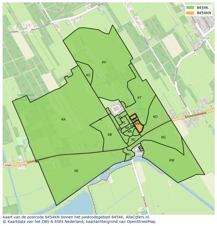 Afbeelding van het postcodegebied 8454 KN op de kaart.