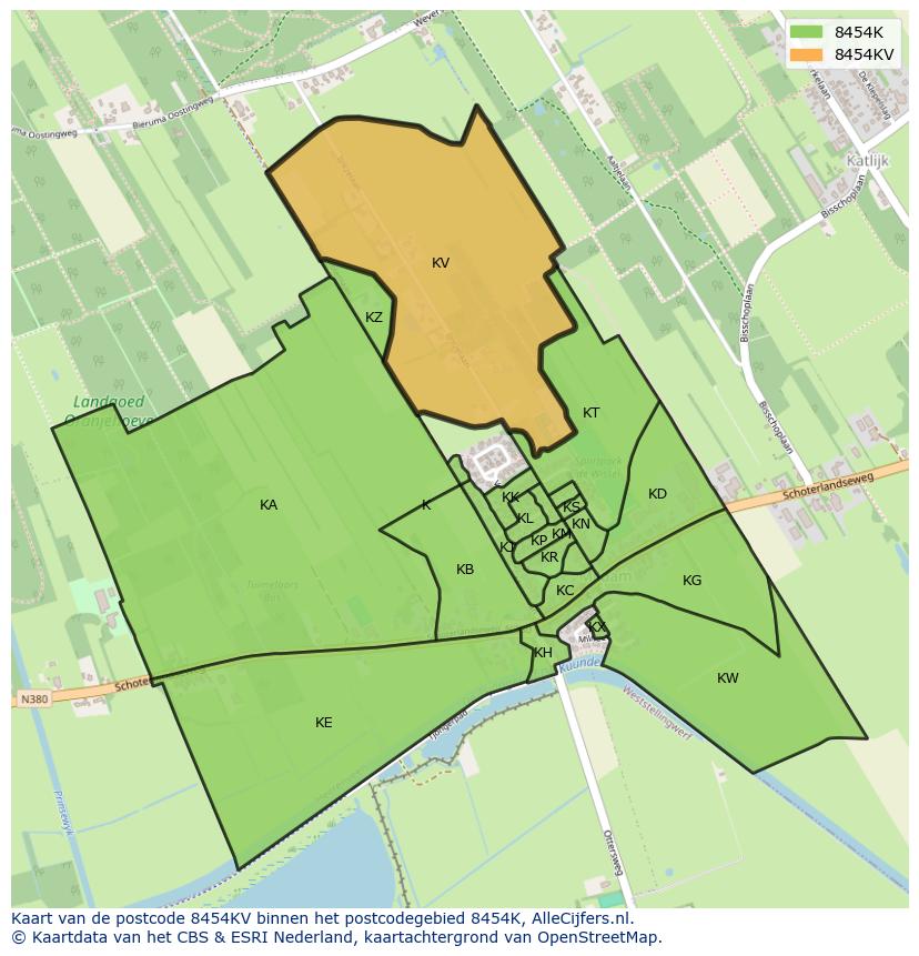 Afbeelding van het postcodegebied 8454 KV op de kaart.