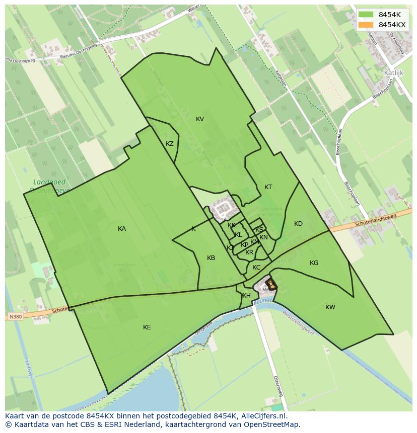 Afbeelding van het postcodegebied 8454 KX op de kaart.