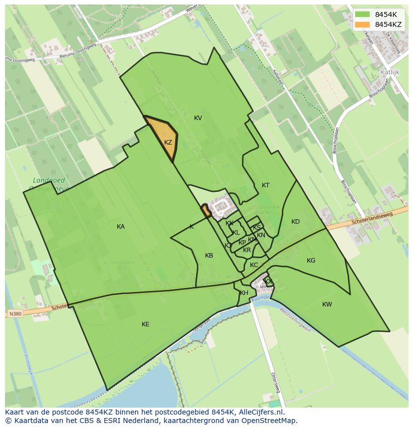 Afbeelding van het postcodegebied 8454 KZ op de kaart.