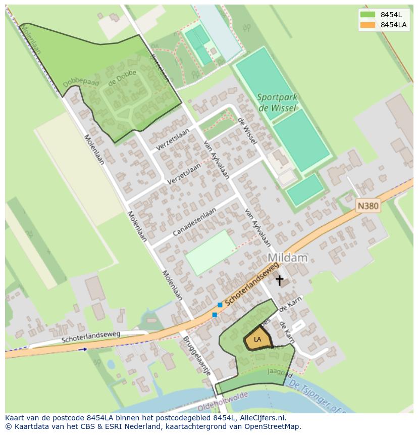 Afbeelding van het postcodegebied 8454 LA op de kaart.