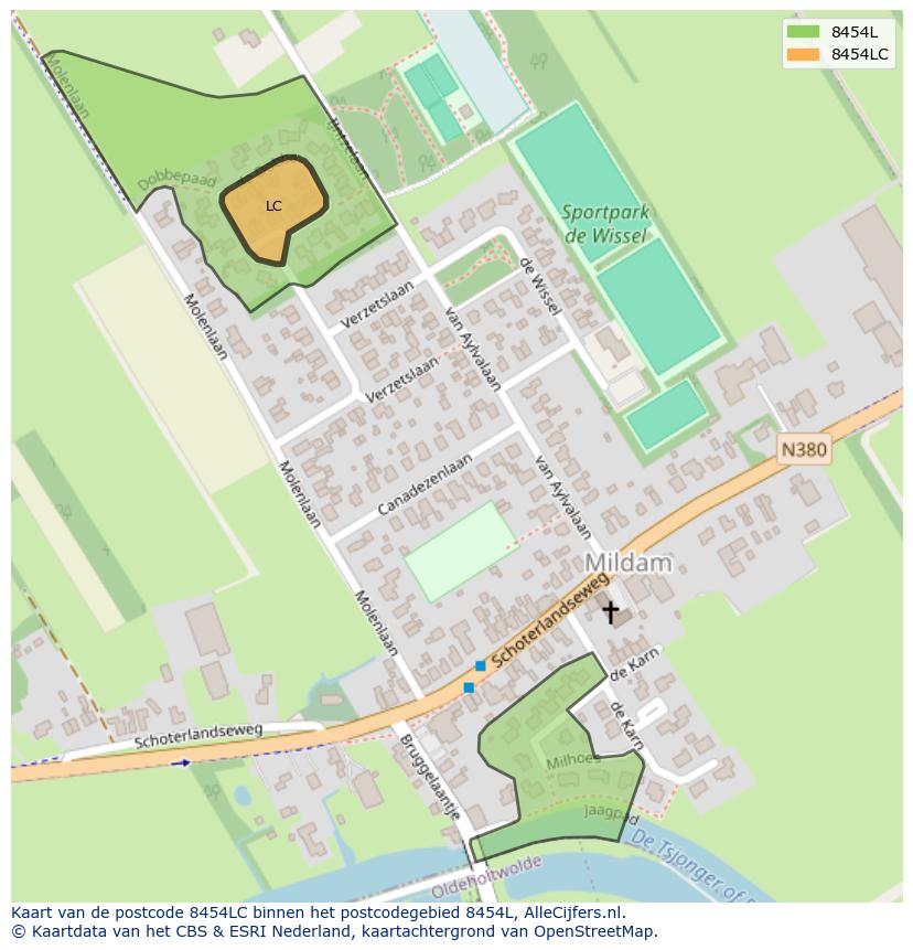 Afbeelding van het postcodegebied 8454 LC op de kaart.