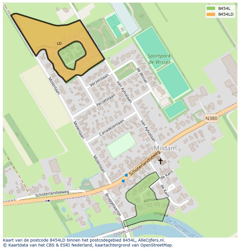 Afbeelding van het postcodegebied 8454 LD op de kaart.