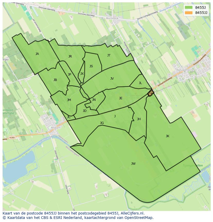 Afbeelding van het postcodegebied 8455 JJ op de kaart.