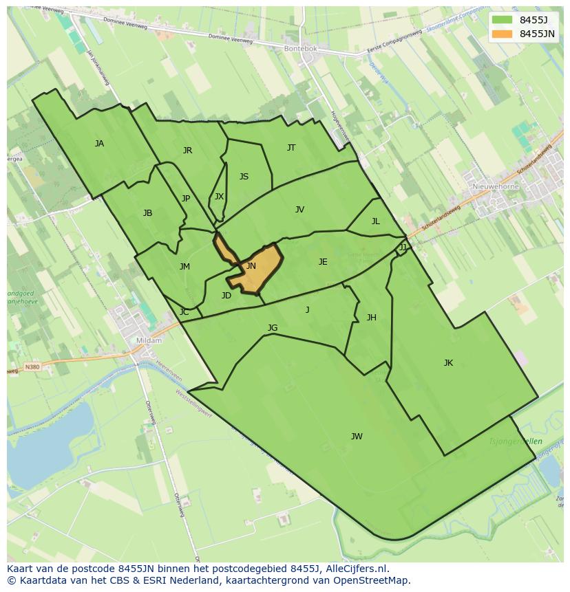 Afbeelding van het postcodegebied 8455 JN op de kaart.