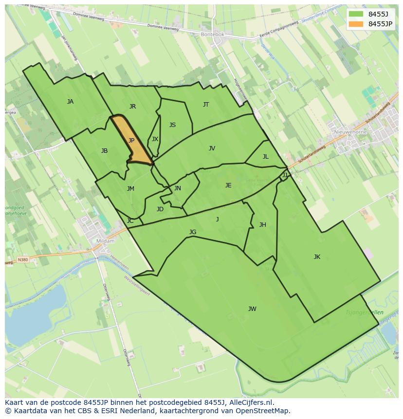 Afbeelding van het postcodegebied 8455 JP op de kaart.