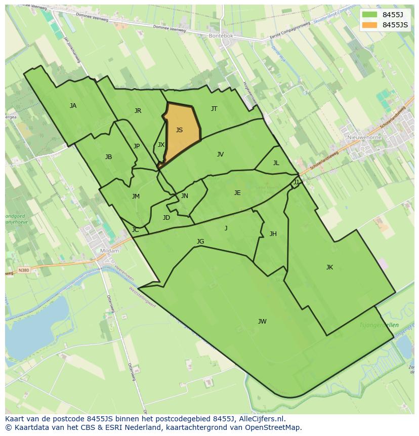 Afbeelding van het postcodegebied 8455 JS op de kaart.