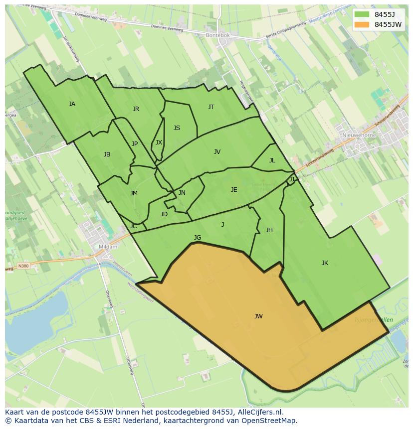Afbeelding van het postcodegebied 8455 JW op de kaart.