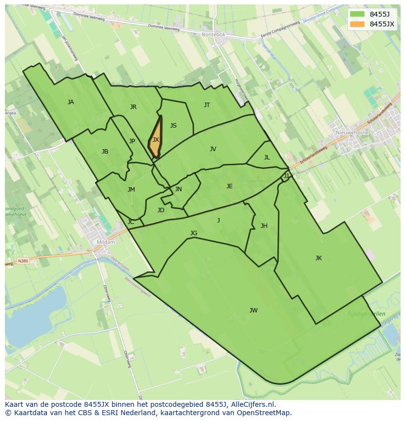 Afbeelding van het postcodegebied 8455 JX op de kaart.