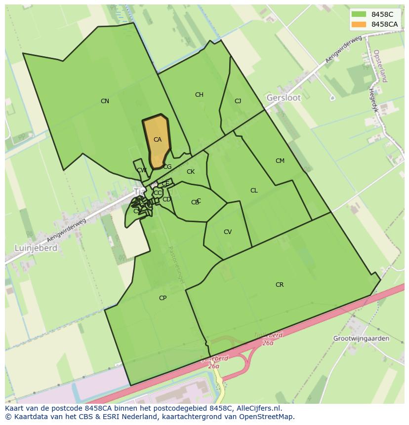 Afbeelding van het postcodegebied 8458 CA op de kaart.