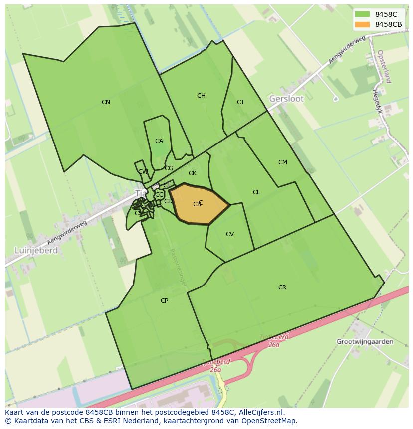 Afbeelding van het postcodegebied 8458 CB op de kaart.
