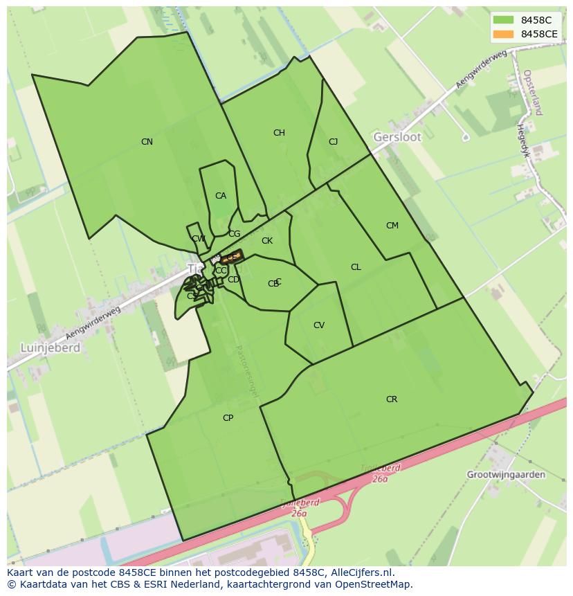 Afbeelding van het postcodegebied 8458 CE op de kaart.