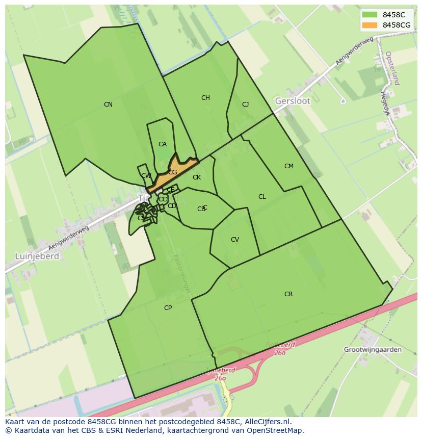 Afbeelding van het postcodegebied 8458 CG op de kaart.