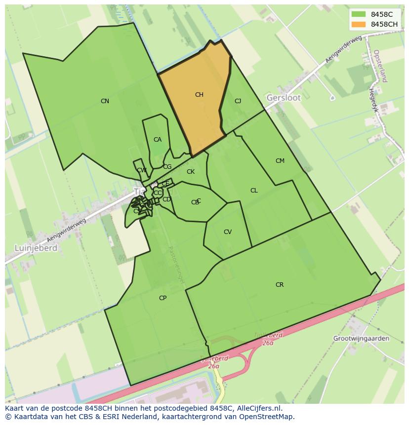 Afbeelding van het postcodegebied 8458 CH op de kaart.