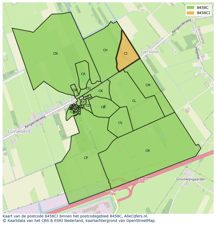 Afbeelding van het postcodegebied 8458 CJ op de kaart.