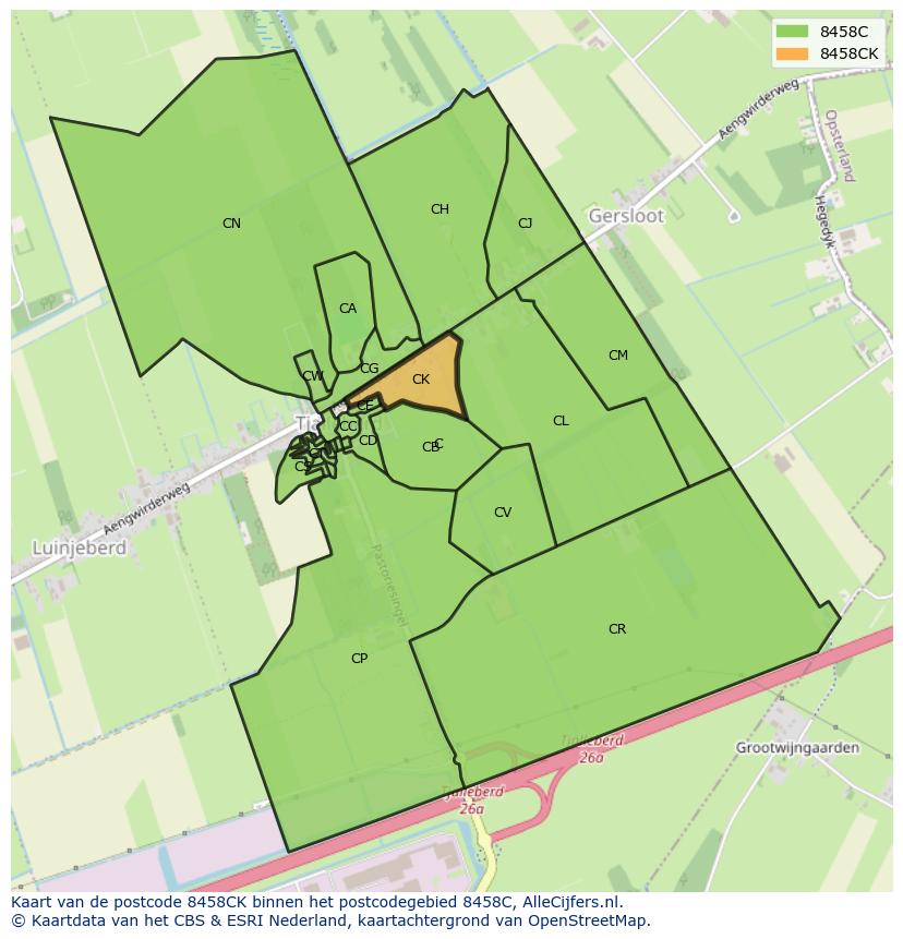 Afbeelding van het postcodegebied 8458 CK op de kaart.