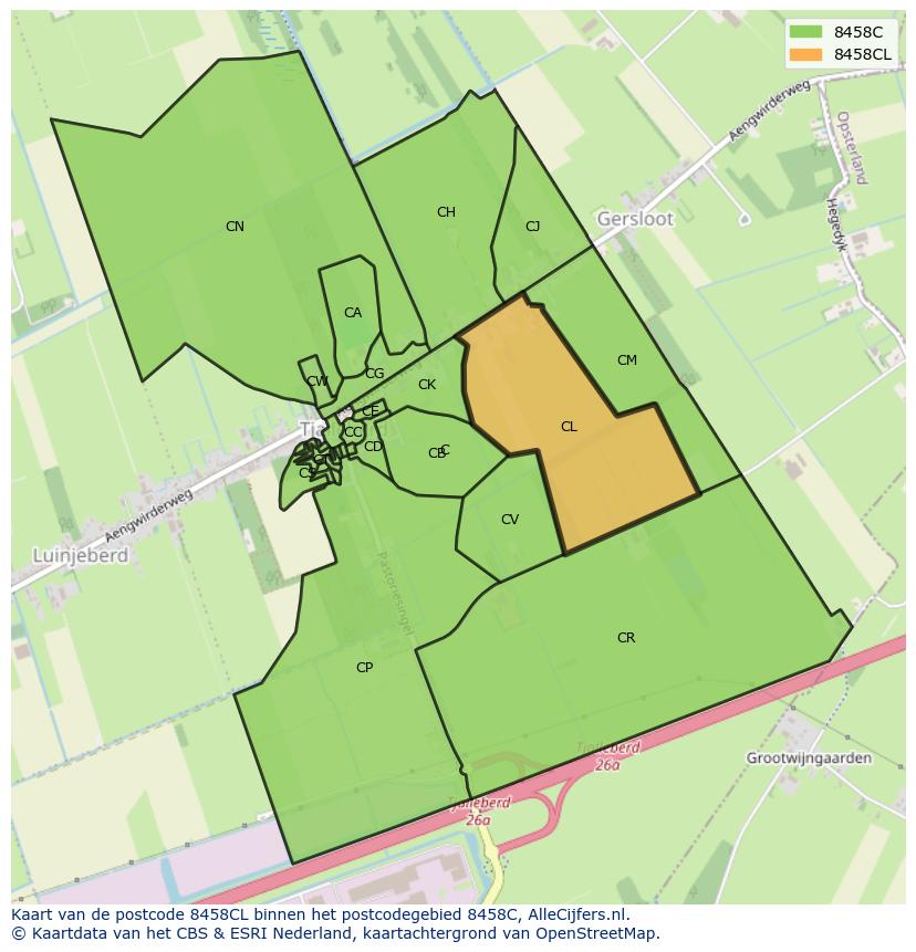 Afbeelding van het postcodegebied 8458 CL op de kaart.